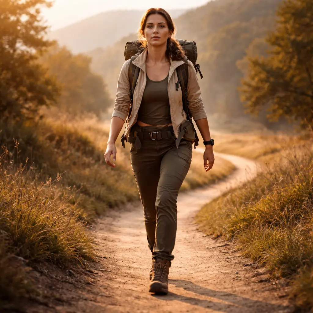 Mulher com olhar determinado caminhando em uma trilha, simbolizando o foco no objetivo e a clareza mental durante o treino de atenção.