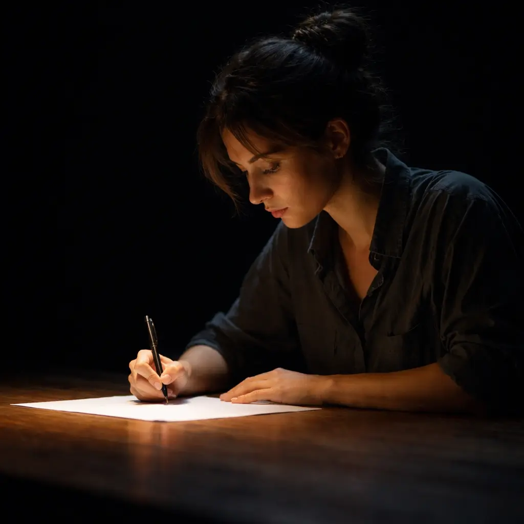 Mulher em estado de concentração profunda escrevendo em uma folha de papel, representando o domínio da atenção plena durante o trabalho.