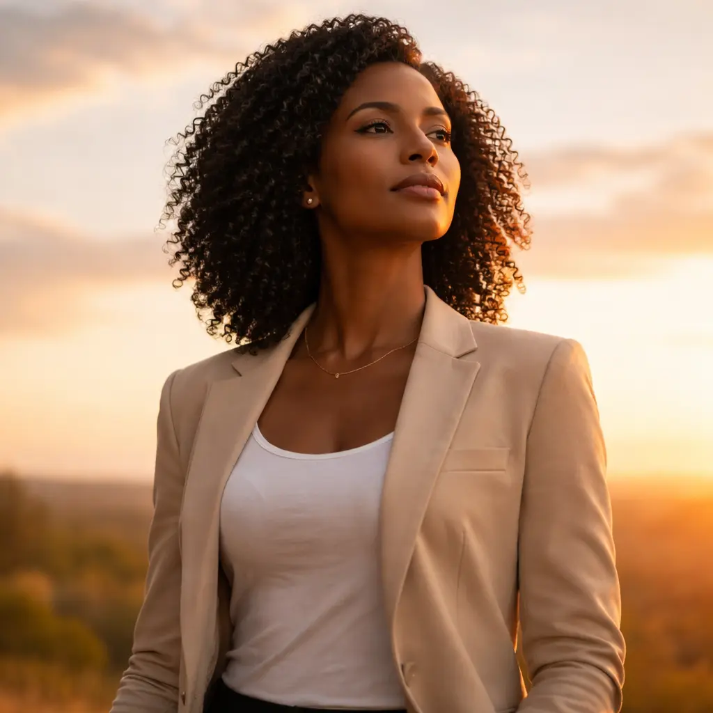 Mulher com expressão serena e confiante, olhando para o horizonte com postura ereta e presença firme.